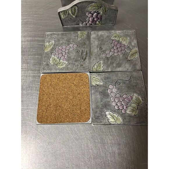 A. Richesco Corporation Metal Handpainted Raised Flower/Fruit Art Coaster Set - Picture 4 of 8